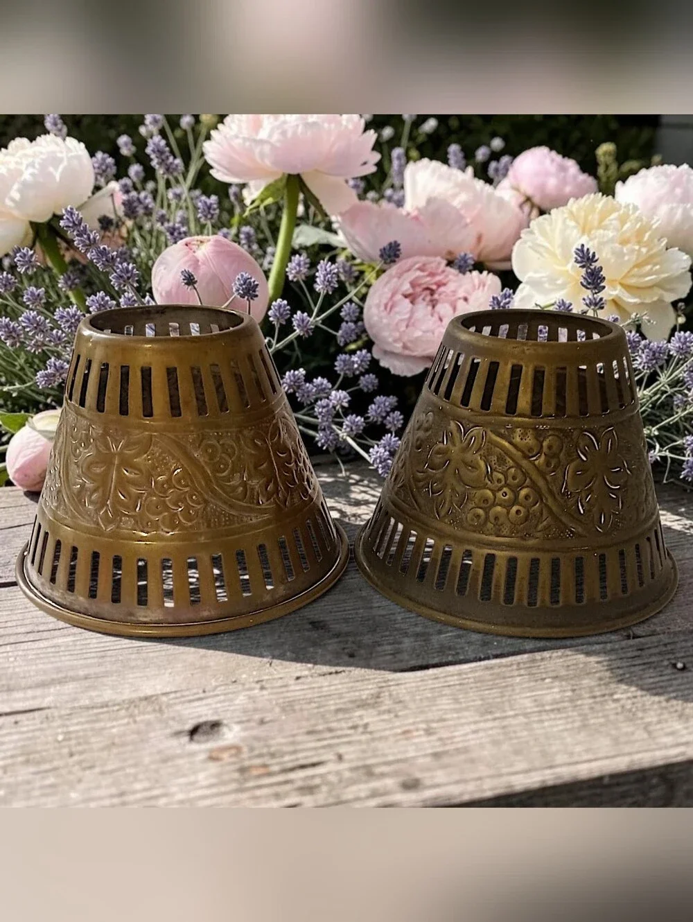 2 Vintage Brass Candle Votive Shades Pair Pierced Embossed Grape Floral Patina